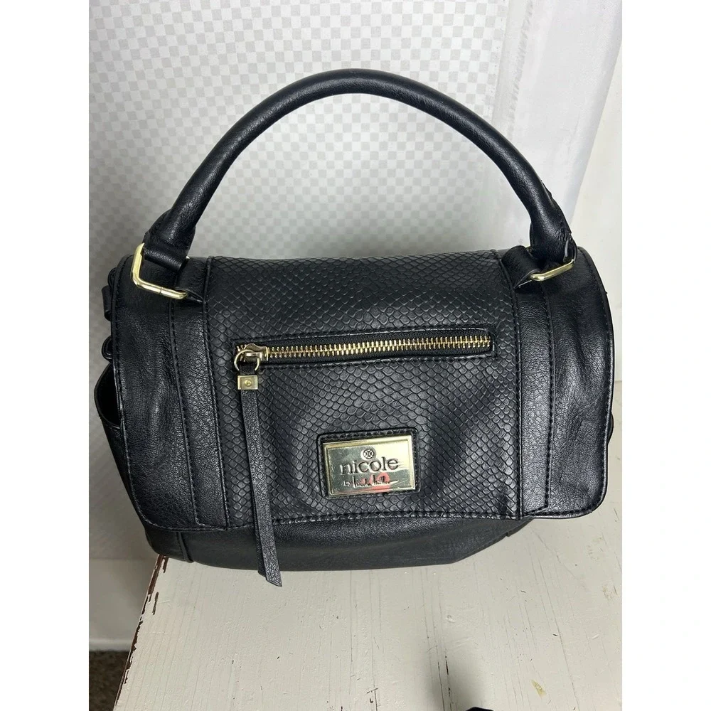 Nicole Miller Black Vegan Leather Hand‎ Satchel Bag Snake Skin Pink Lining